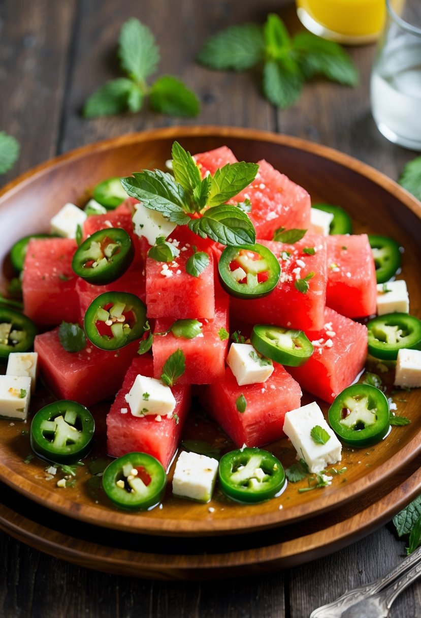 A vibrant watermelon, jalapeño, and feta salad arranged on a wooden serving platter, garnished with fresh mint leaves and drizzled with a light vinaigrette