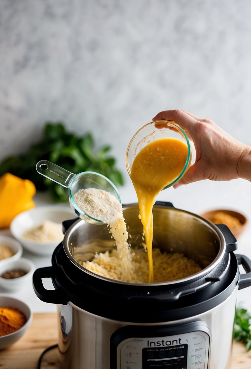 A variety of gluten-free ingredients being added to an Instant Pot for a recipe