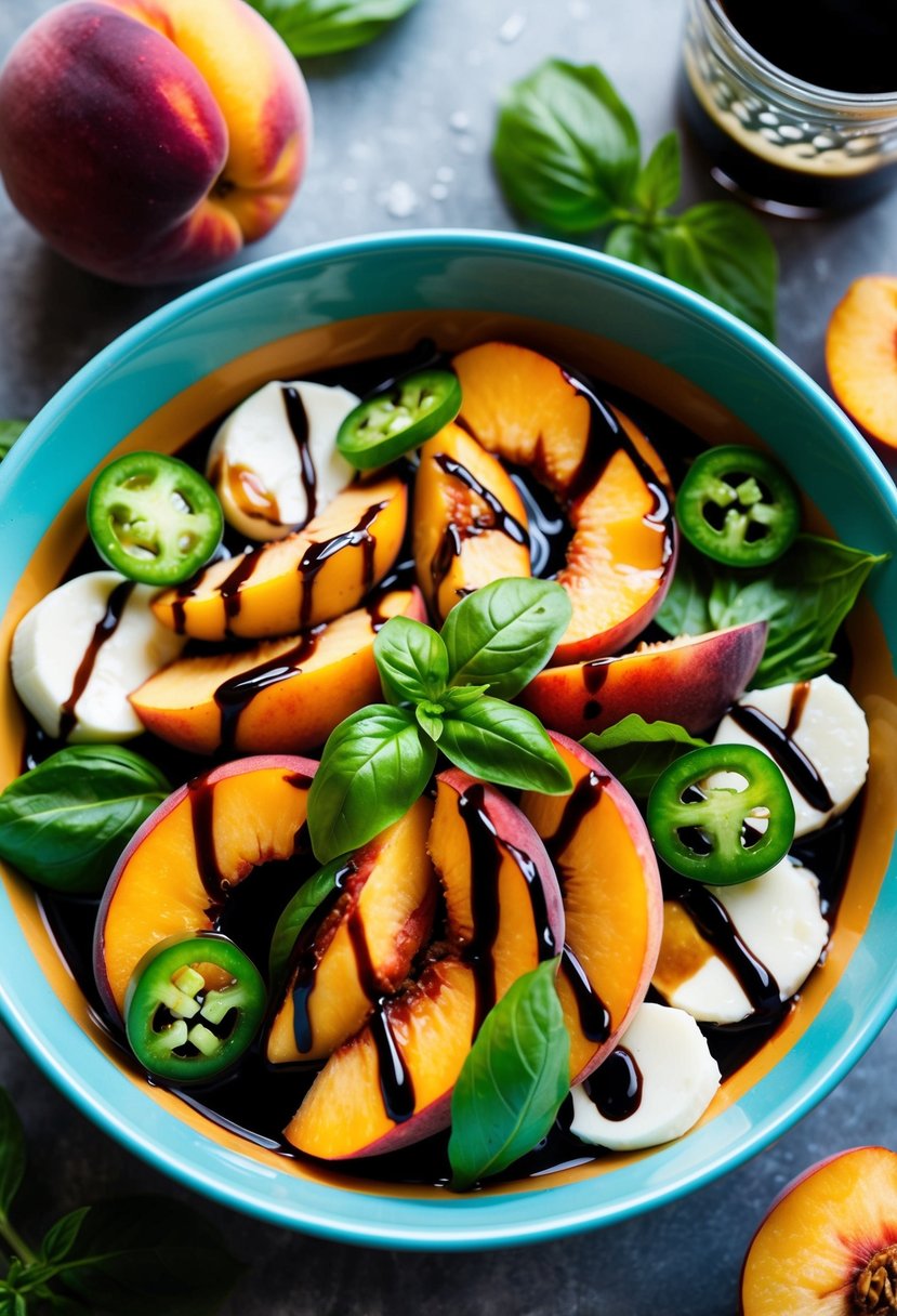 A colorful bowl filled with sliced peaches, fresh basil, mozzarella, and jalapeños, drizzled with balsamic glaze