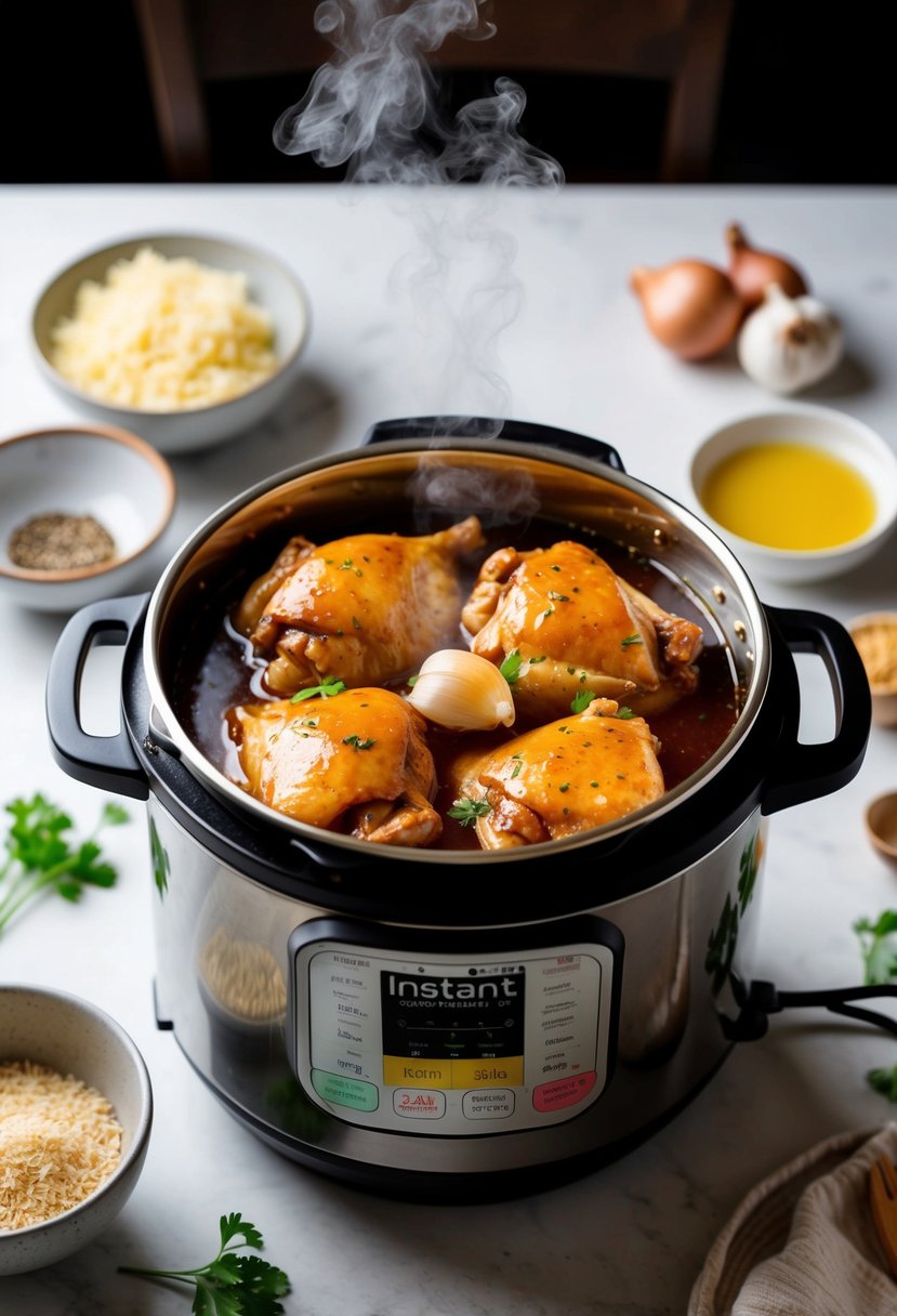 A steaming instant pot filled with honey garlic chicken, surrounded by gluten-free ingredients