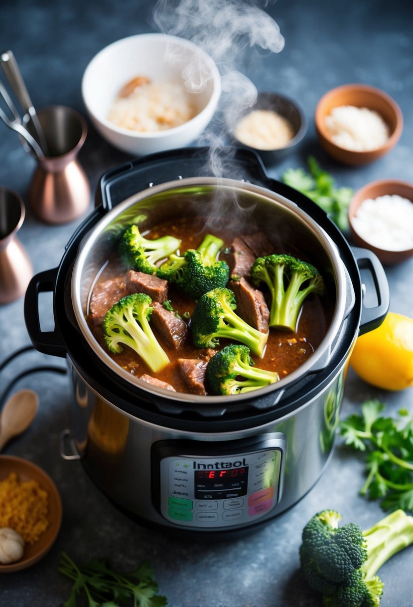 A steaming instant pot filled with beef and broccoli stir-fry, surrounded by fresh ingredients and cooking utensils