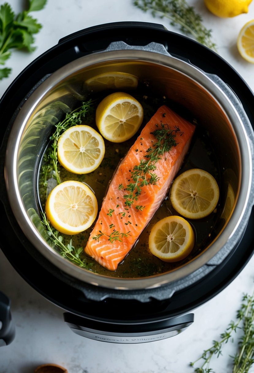 A salmon fillet surrounded by fresh lemon slices and herbs inside an Instant Pot