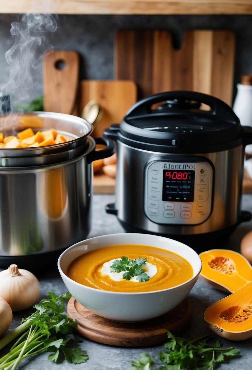 A steaming bowl of butternut squash soup sits beside an Instant Pot, surrounded by fresh ingredients and kitchen utensils