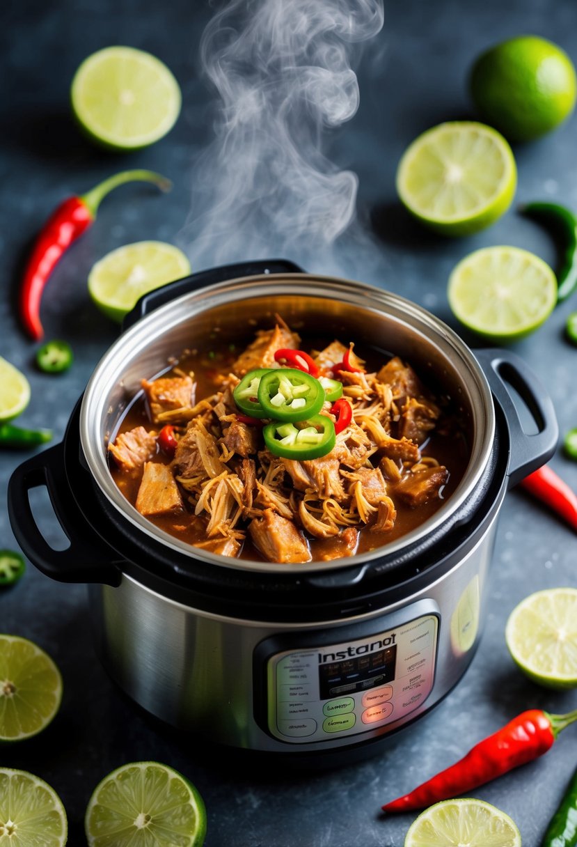 A steaming instant pot filled with tender chili lime pulled pork surrounded by fresh lime wedges and chili peppers