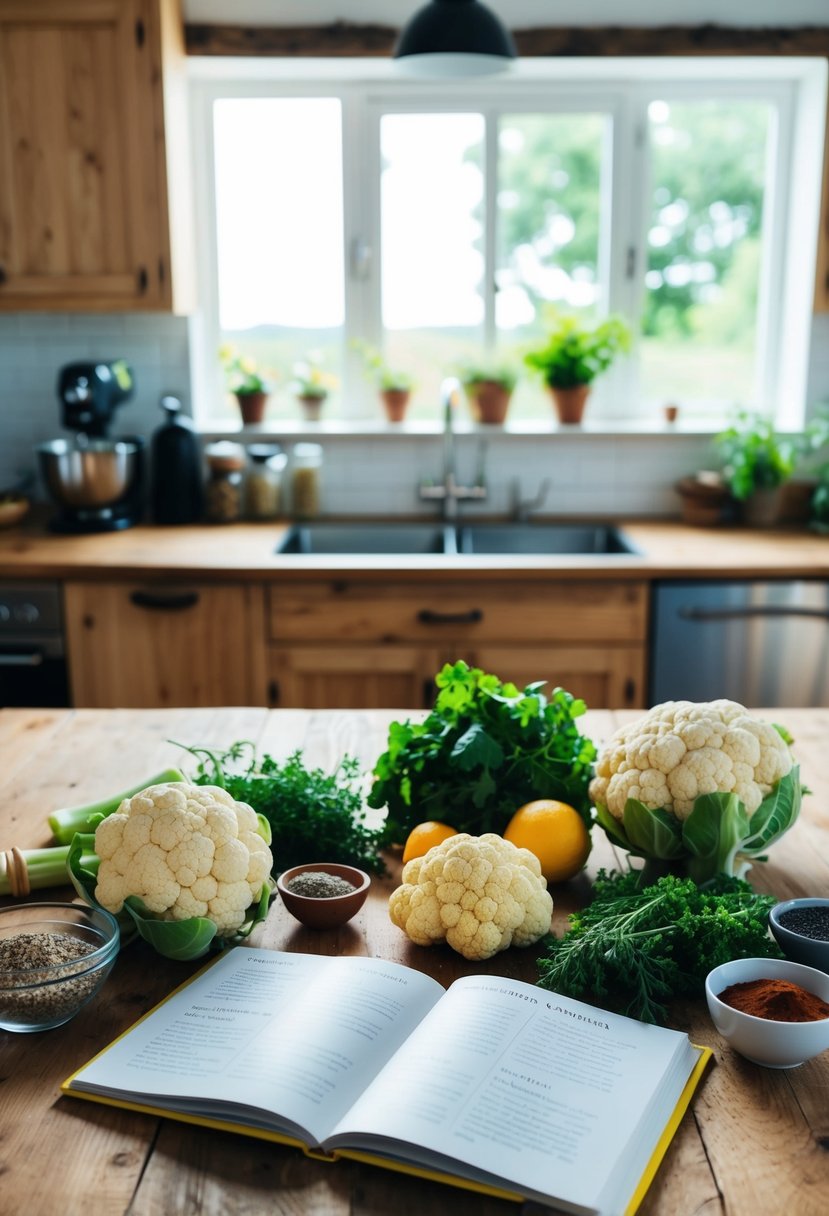 A rustic kitchen with a wooden table set with ingredients like cauliflower, herbs, and spices. A cookbook open to a paleo recipe