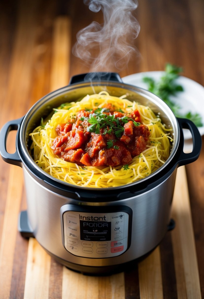 A steaming instant pot filled with cooked spaghetti squash topped with marinara sauce and fresh herbs