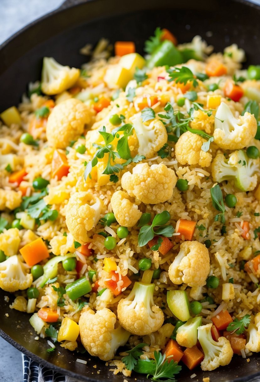 A sizzling skillet of cauliflower fried rice with colorful vegetables and a sprinkle of fresh herbs