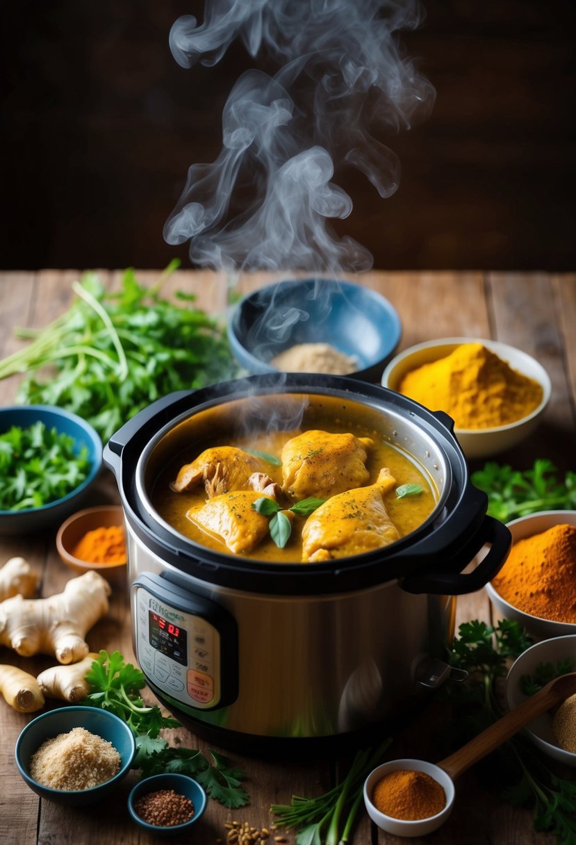 A steaming instant pot filled with ginger turmeric chicken, surrounded by fresh ingredients and spices