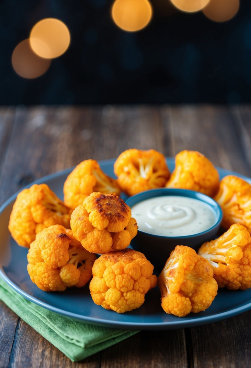 A platter of golden buffalo cauliflower bites with a side of dipping sauce