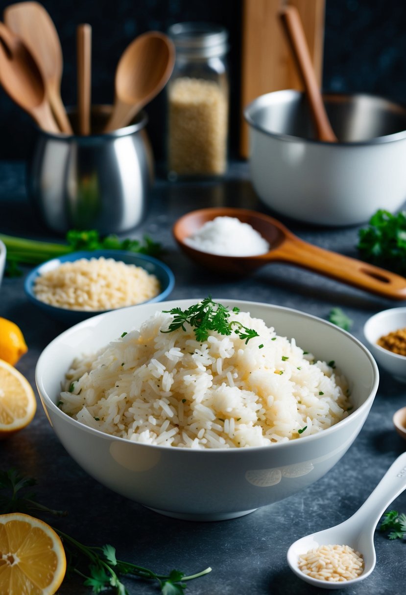 A bowl of cooked white rice surrounded by various ingredients and cooking utensils on a kitchen counter