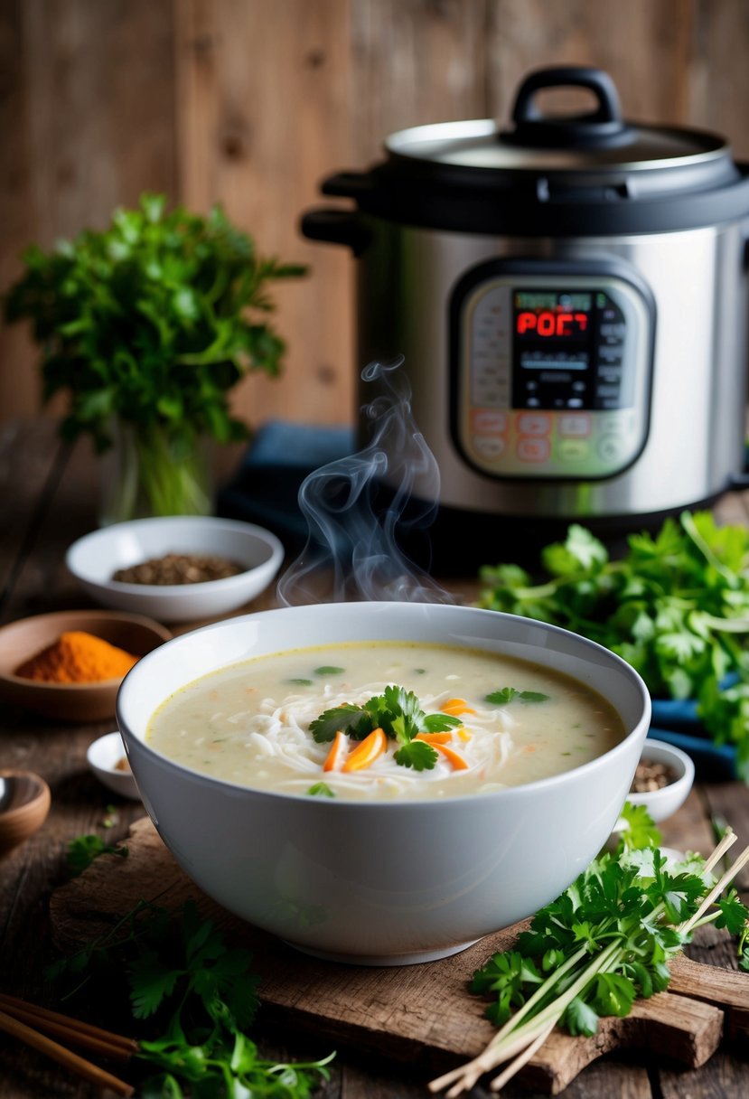 A steaming bowl of Thai Coconut Soup sits on a rustic wooden table, surrounded by fresh herbs, spices, and an Instant Pot in the background