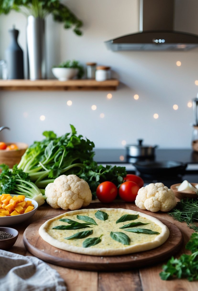 A rustic kitchen counter with a freshly baked cauliflower pizza crust surrounded by paleo ingredients like vegetables and herbs