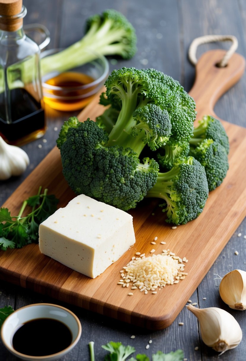 A wooden cutting board with a pile of fresh broccoli and a block of tofu, surrounded by scattered ingredients like garlic, soy sauce, and sesame oil