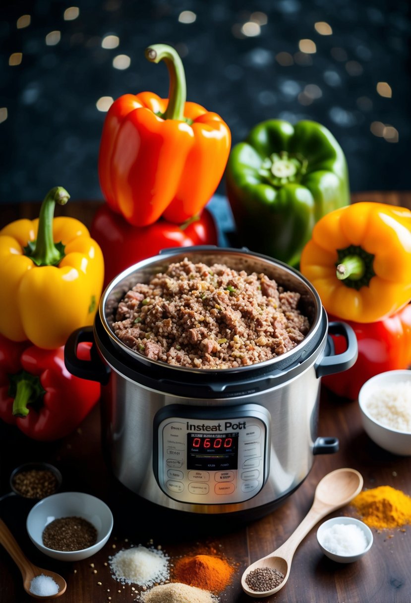 Fresh bell peppers, quinoa, and ground beef arranged around an Instant Pot, with various spices and ingredients scattered nearby