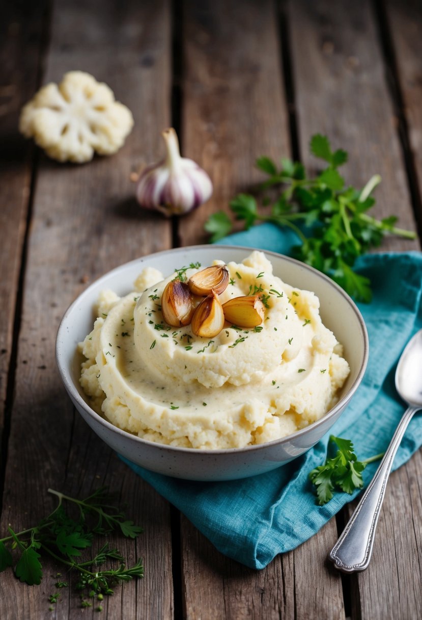 A rustic wooden table with a bowl of creamy mashed cauliflower topped with roasted garlic cloves and a sprinkle of fresh herbs