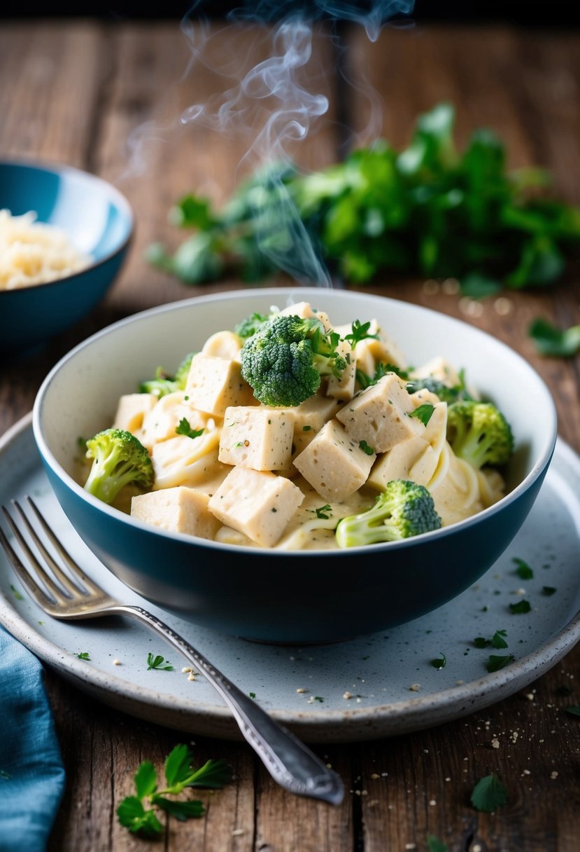 A steaming bowl of creamy tofu broccoli alfredo sits on a rustic wooden table, garnished with fresh herbs and cracked black pepper