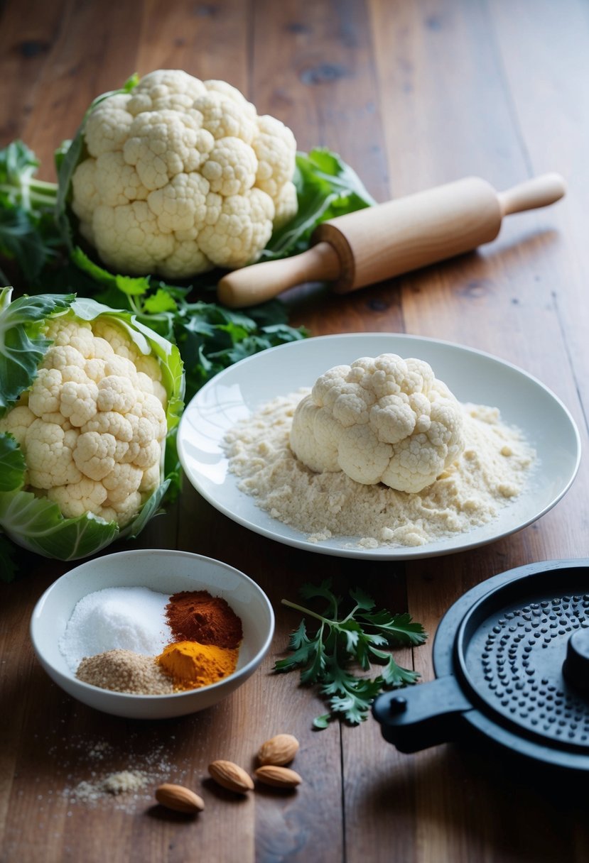 A table set with fresh cauliflower, almond flour, and spices, with a rolling pin and tortilla press nearby