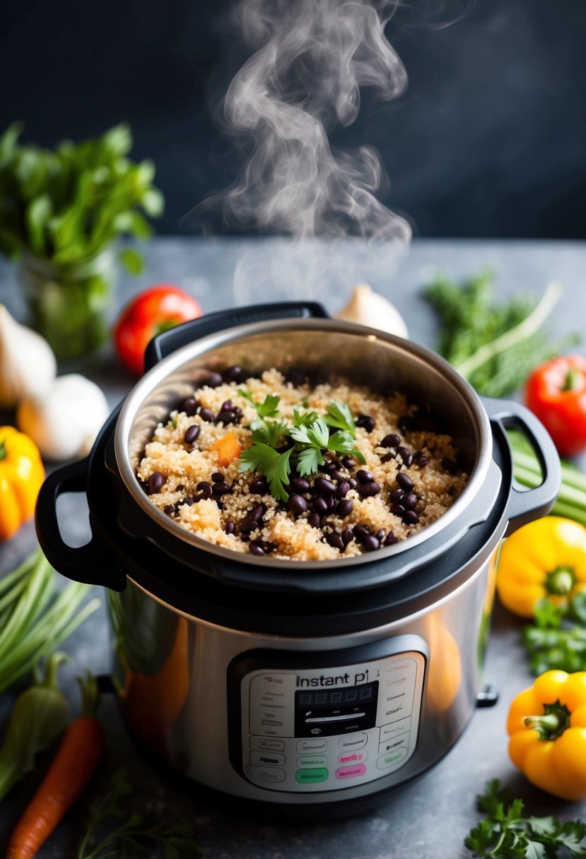 A steaming instant pot filled with quinoa and black beans, surrounded by colorful vegetables and herbs