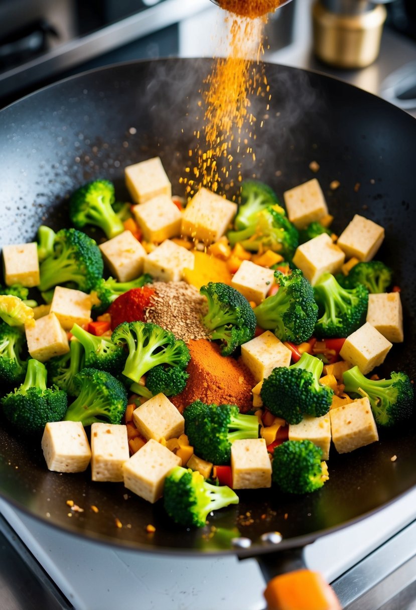 A sizzling wok filled with diced tofu, vibrant broccoli florets, and a medley of colorful spices being added in