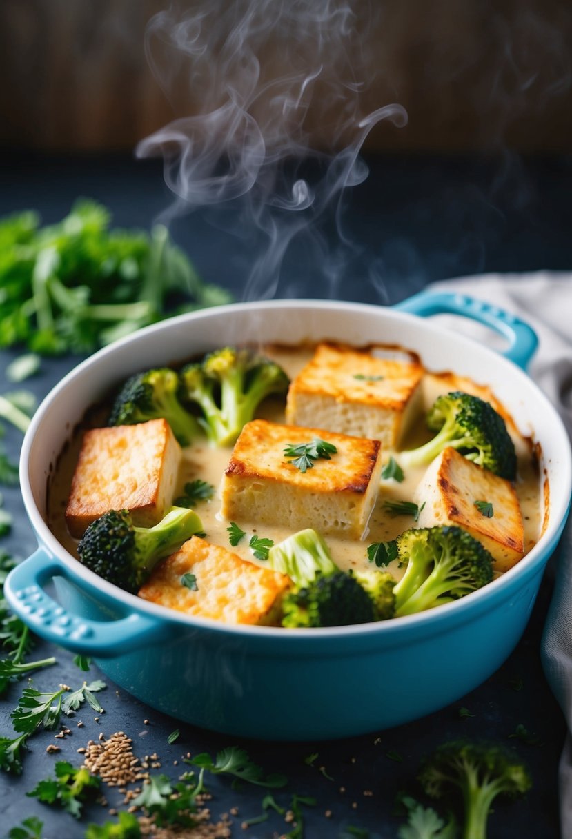 A steaming casserole dish filled with golden-brown baked tofu, vibrant green broccoli florets, and a creamy sauce, surrounded by scattered herbs and spices