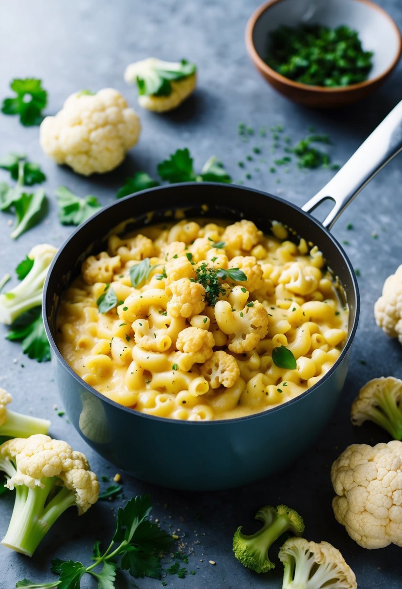 A bubbling pot of paleo cauliflower mac and cheese, surrounded by fresh cauliflower florets and a sprinkle of herbs