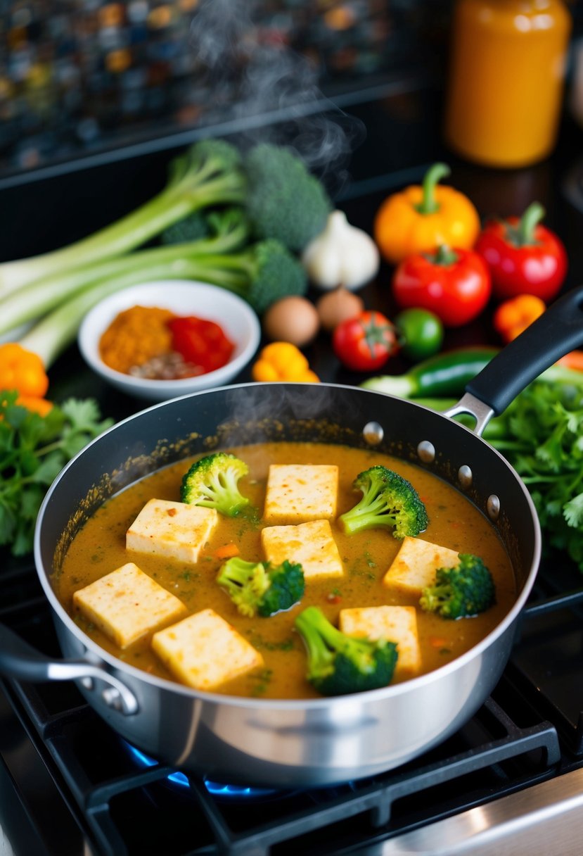 A bubbling pot of tofu broccoli curry simmers on a stovetop, surrounded by colorful spices and fresh vegetables