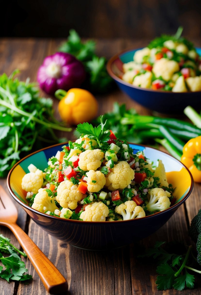 A wooden table with a colorful bowl of cauliflower tabbouleh surrounded by fresh vegetables and herbs