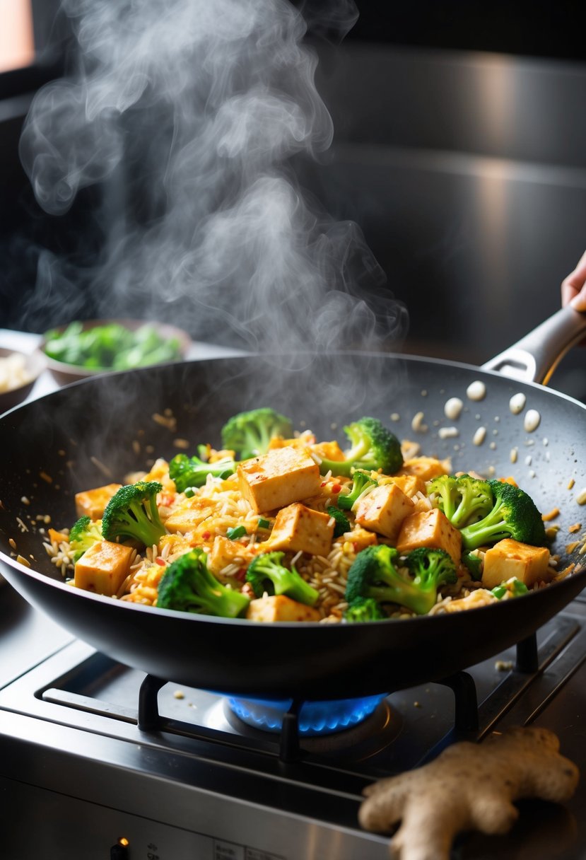 A sizzling wok cooks up a colorful stir-fry of tofu, broccoli, and rice, with steam rising and the aroma of soy sauce and ginger filling the air