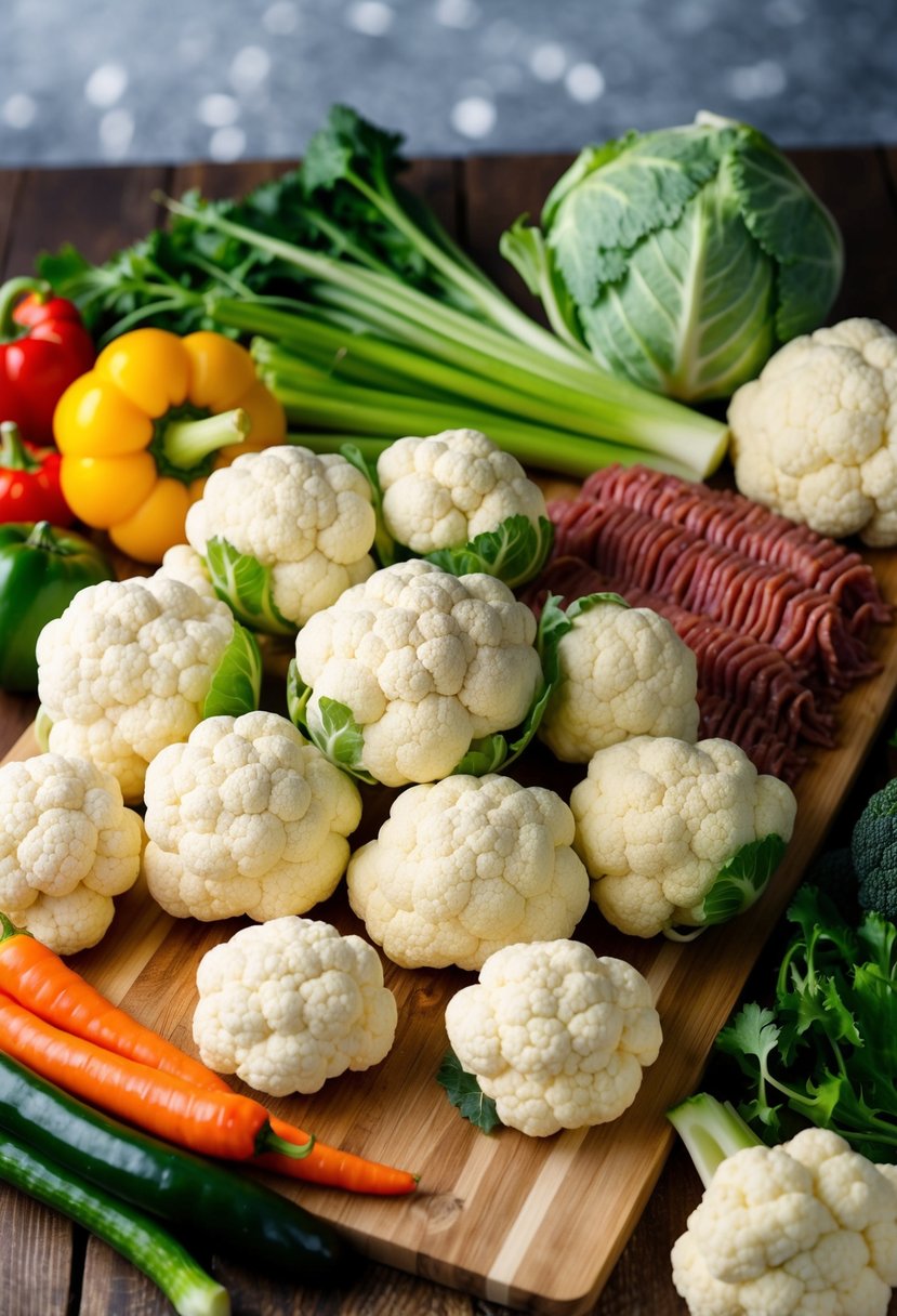 A colorful array of fresh cauliflower, ground meat, and assorted vegetables arranged on a wooden cutting board, ready to be transformed into a paleo Cauliflower Shepherd's Pie