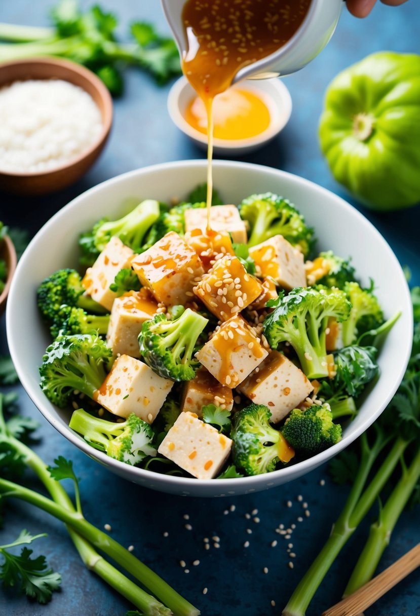 A vibrant bowl of tofu broccoli salad with sesame dressing, surrounded by fresh ingredients and a drizzle of dressing