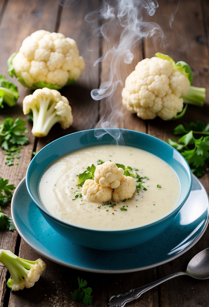 A steaming bowl of creamy cauliflower soup surrounded by fresh cauliflower florets and a sprinkle of herbs on a rustic wooden table