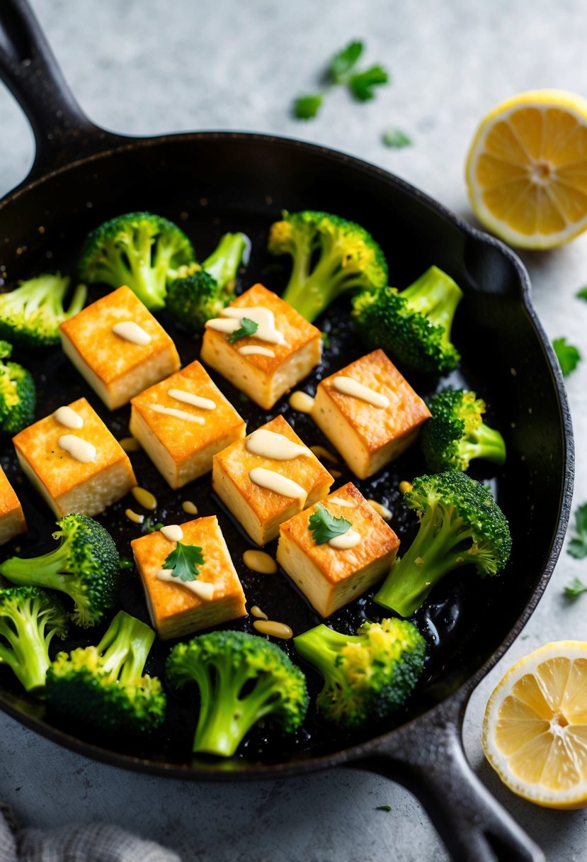 A sizzling skillet holds cubes of golden-brown tofu, surrounded by vibrant green broccoli florets and drizzled with a fragrant lemon garlic sauce