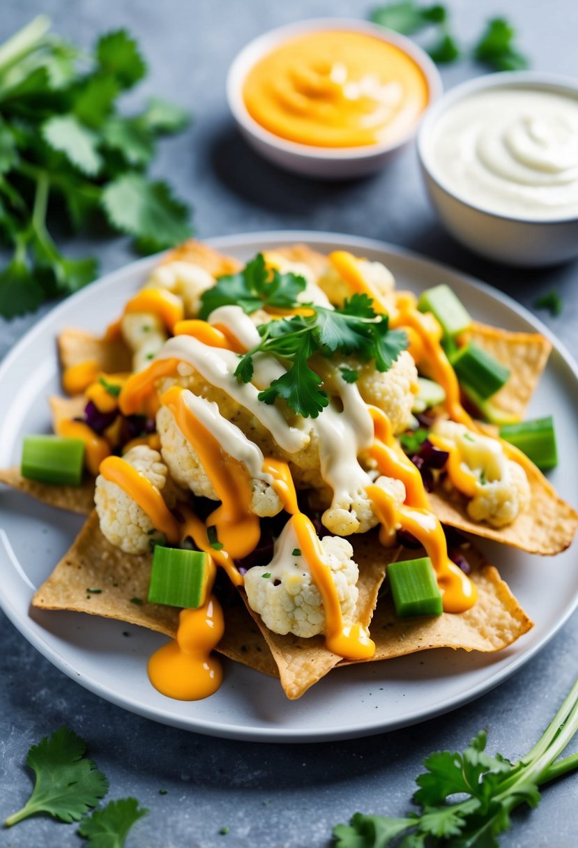 A plate of paleo cauliflower nachos topped with fresh vegetables and drizzled with dairy-free cheese sauce