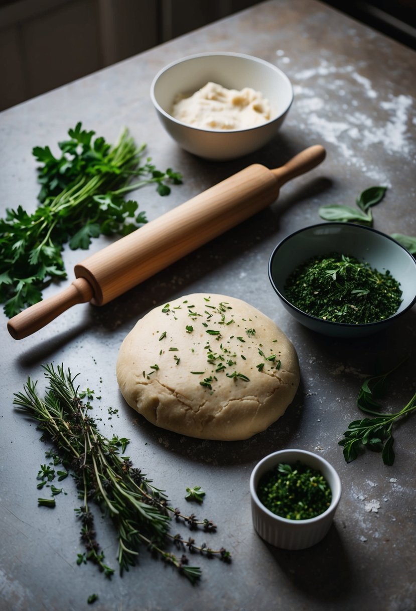 A rustic kitchen counter with scattered fresh herbs, a rolling pin, and a bowl of dough, ready to be shaped into Italian herb bread