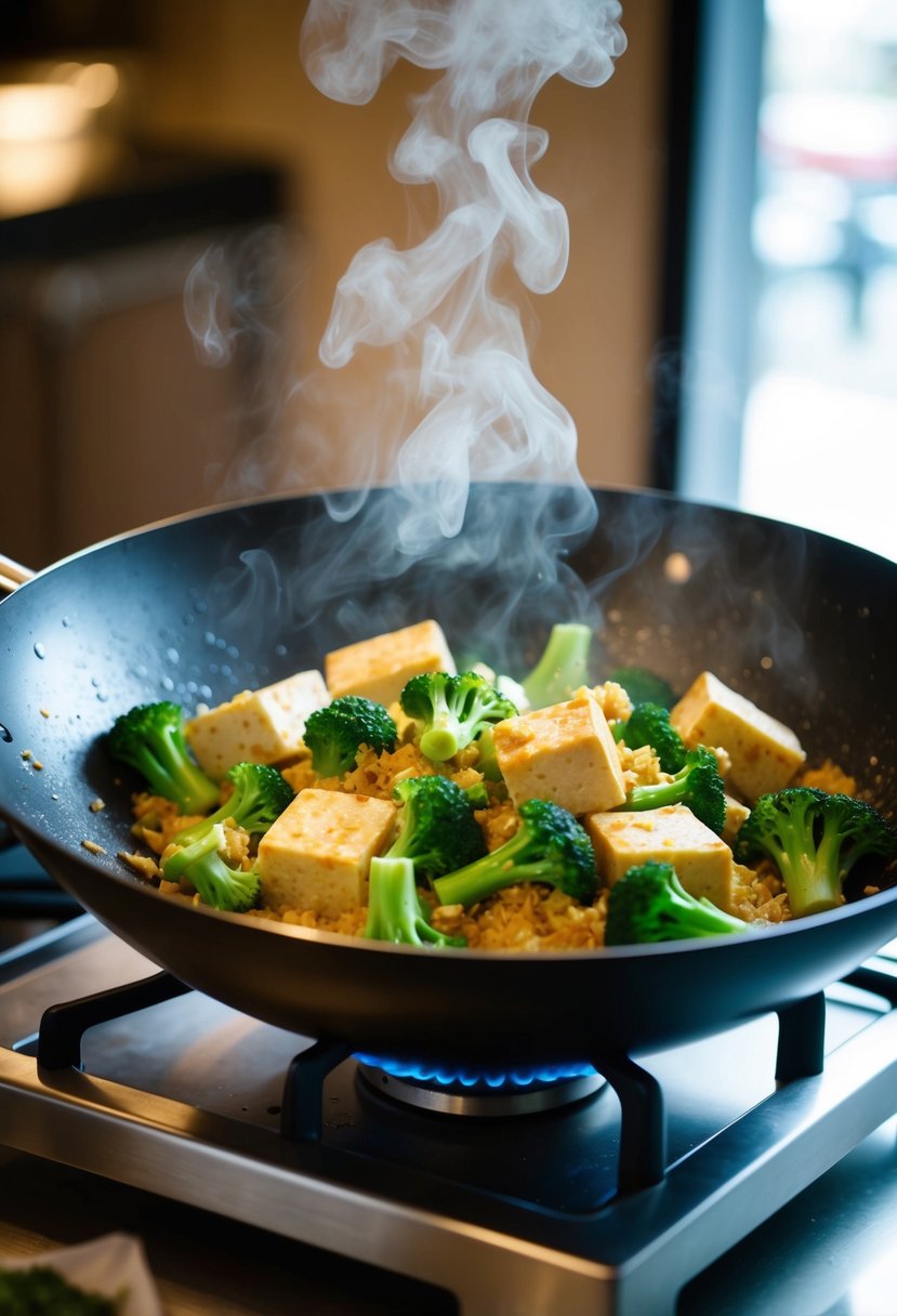 A sizzling wok with tofu, broccoli, and ginger sauce. Steam rises as the ingredients are tossed together