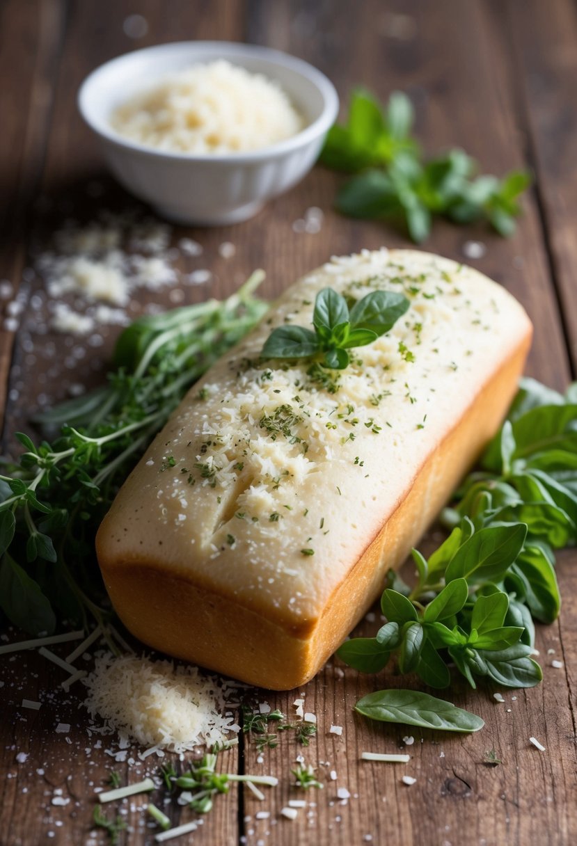 A loaf of Parmesan and Oregano Bread, surrounded by fresh herbs and a scattering of cheese