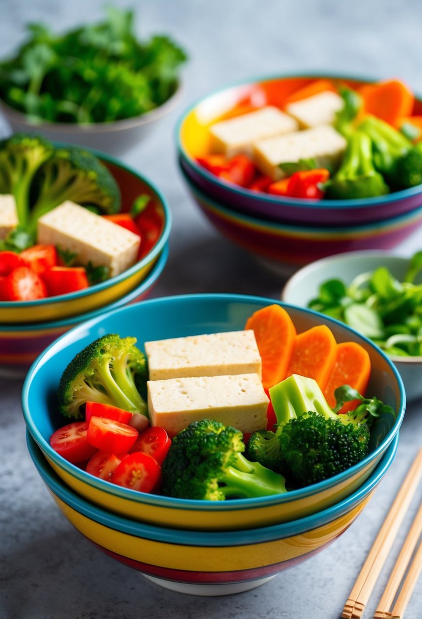 A colorful Buddha bowl filled with tofu, broccoli, and other vibrant vegetables arranged in an artful and appetizing display