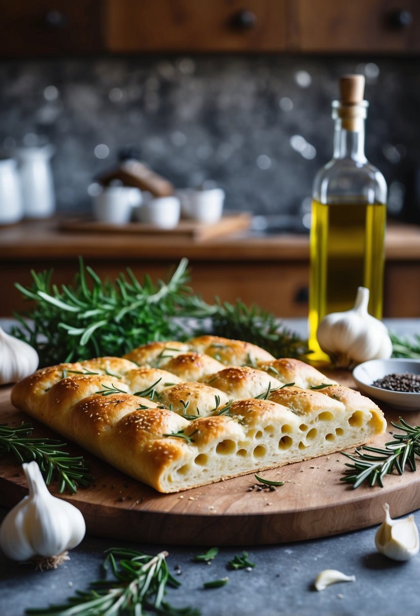 A rustic kitchen counter with a freshly baked rosemary garlic focaccia surrounded by ingredients like olive oil, herbs, and garlic cloves