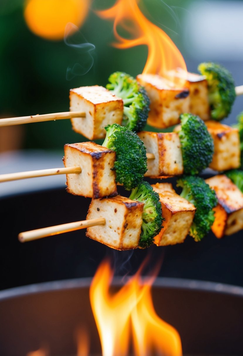 Skewers of smoky tofu and broccoli grilling over an open flame