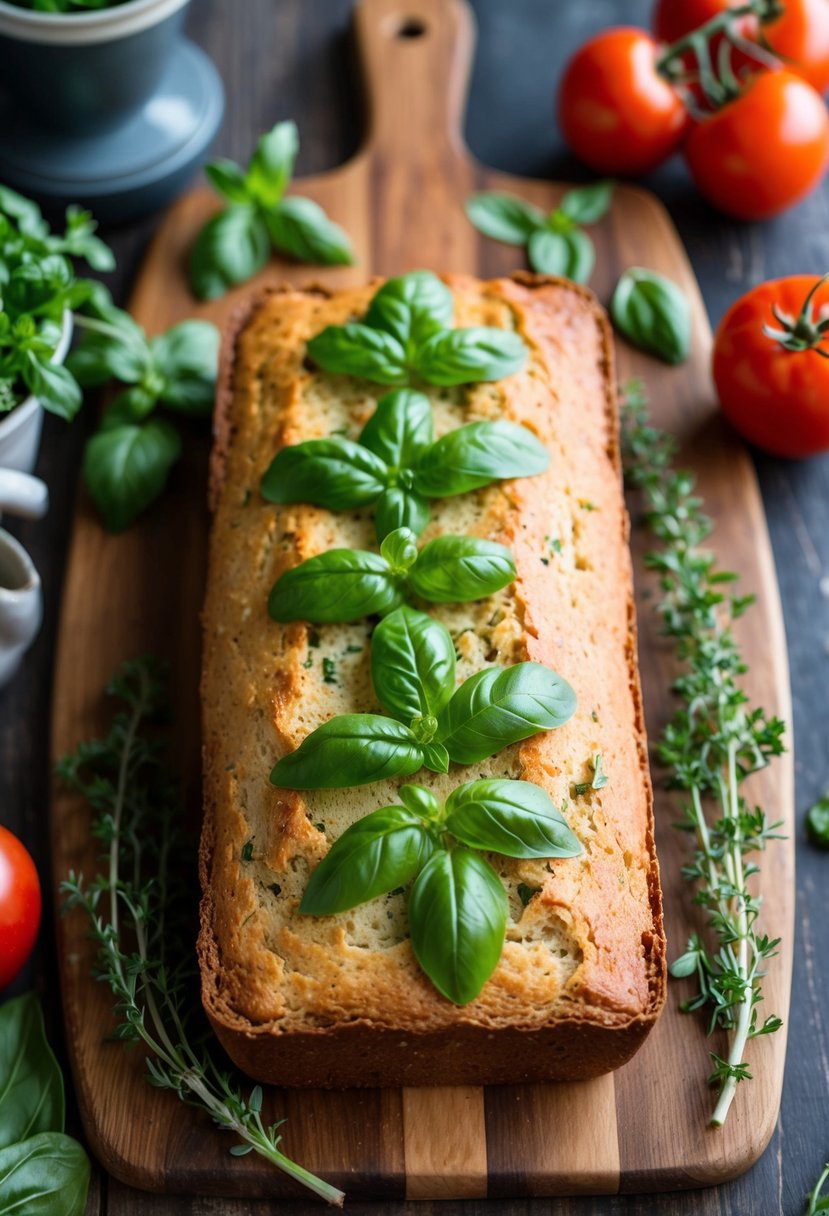 A rustic loaf of basil tomato bread surrounded by fresh herbs and tomatoes on a wooden cutting board