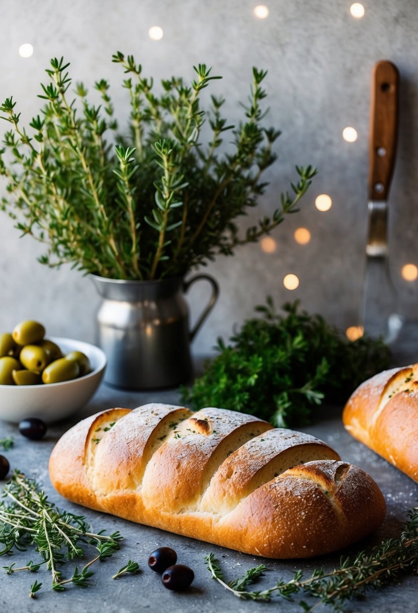 A rustic kitchen counter with fresh thyme, olives, and herbs scattered around a freshly baked ciabatta loaf