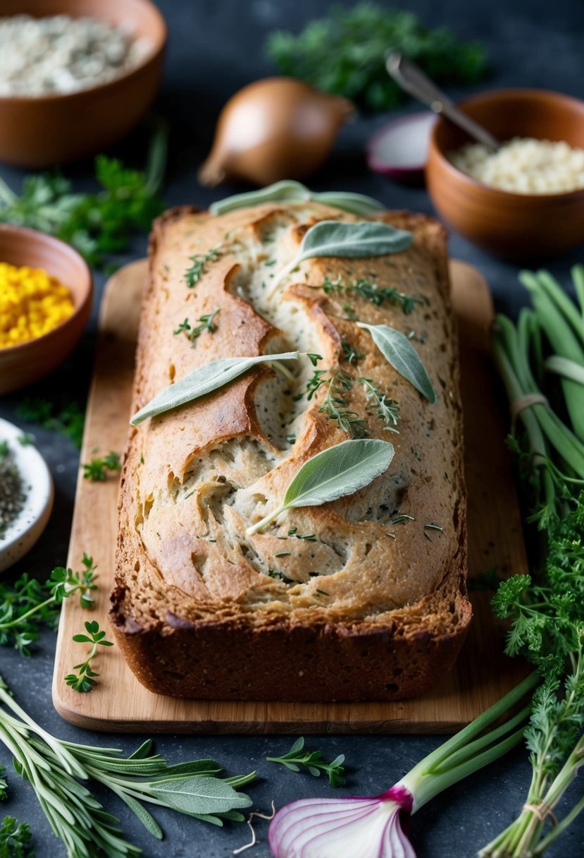 A rustic loaf of sage and onion bread surrounded by fresh herbs and ingredients