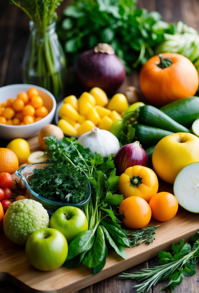 A variety of fresh ingredients arranged on a wooden cutting board, including fruits, vegetables, and herbs