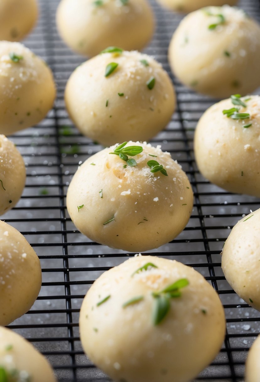 Freshly baked chive and Parmesan dough balls cooling on a wire rack. Herbs and cheese sprinkled on top