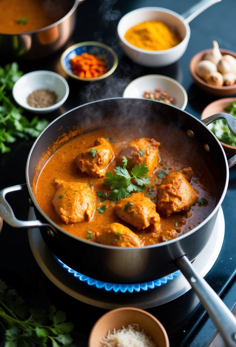 A steaming pot of Chicken Tikka Masala simmers on a stovetop, surrounded by vibrant spices and fresh ingredients