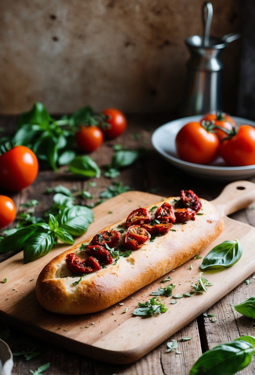 A rustic kitchen scene with a freshly baked sun-dried tomato and basil baguette cooling on a wooden cutting board, surrounded by scattered herbs and tomatoes