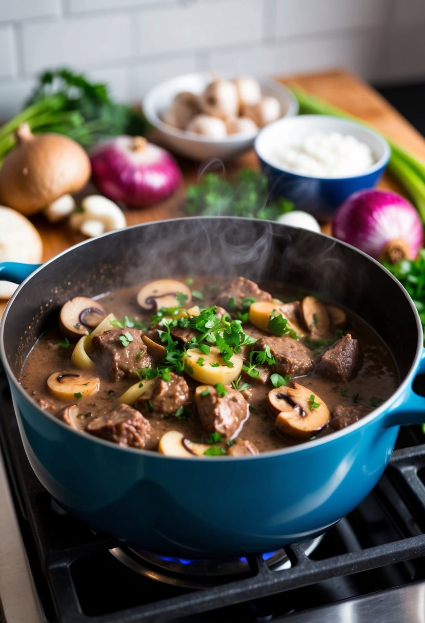 A steaming pot of Beef Stroganoff simmers on the stove, surrounded by fresh ingredients like mushrooms, onions, and sour cream