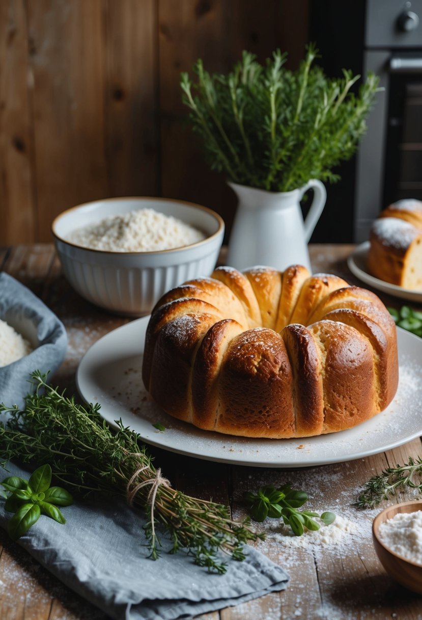 A rustic kitchen with fresh herbs, flour, and a golden panettone rising in the oven