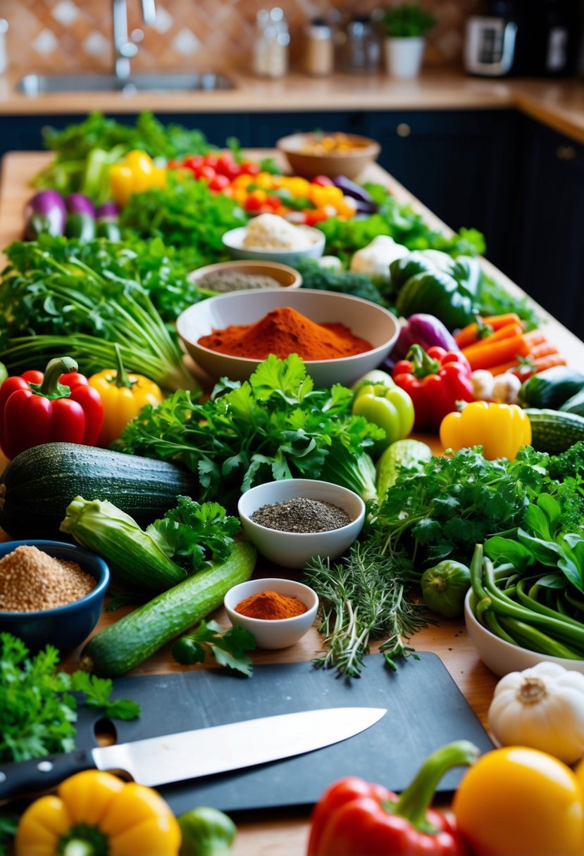 A colorful array of fresh vegetables, herbs, and spices spread out on a kitchen counter, with a cutting board and knife nearby