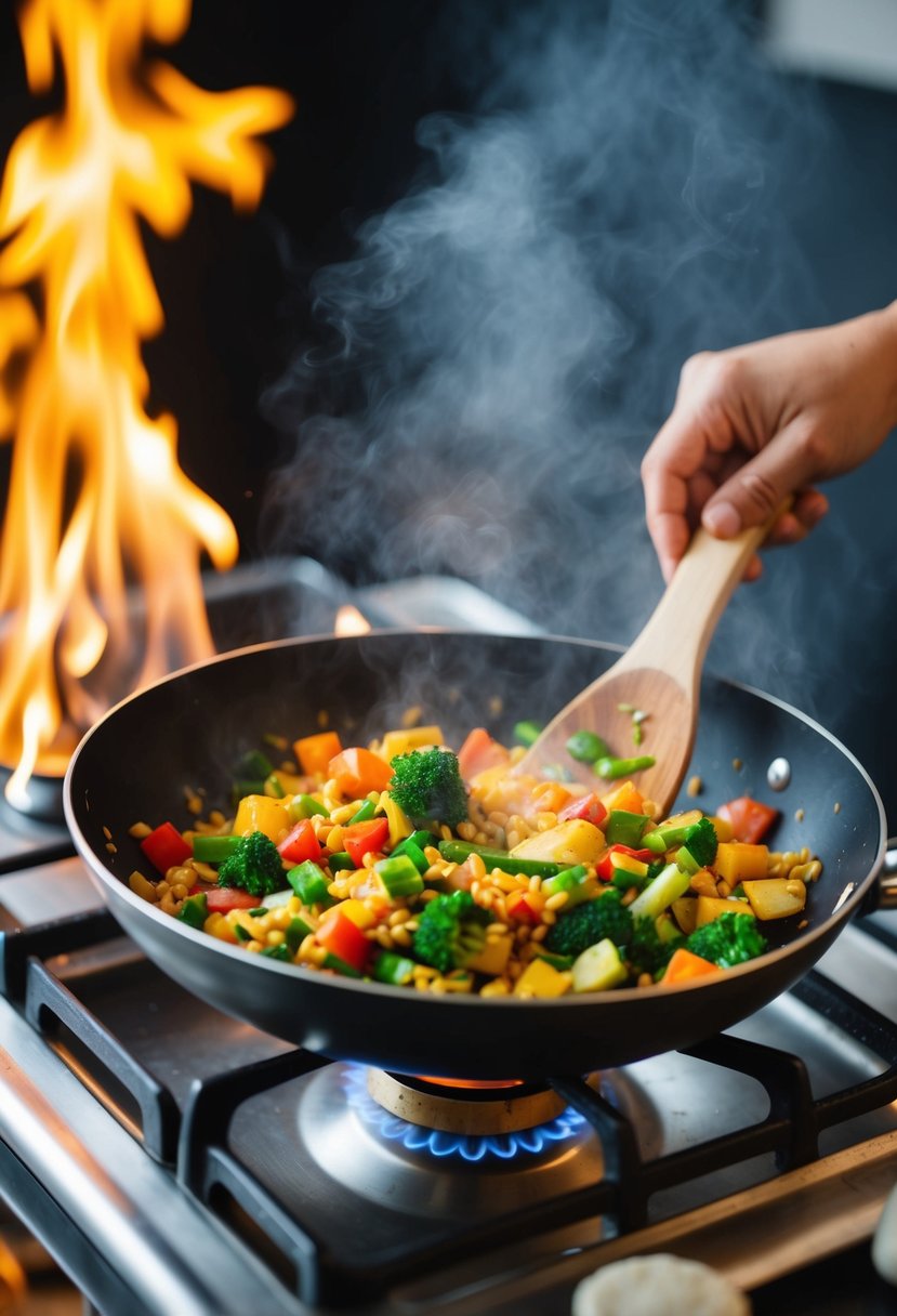 A sizzling pan filled with colorful vegetables being tossed and stir-fried over a high flame